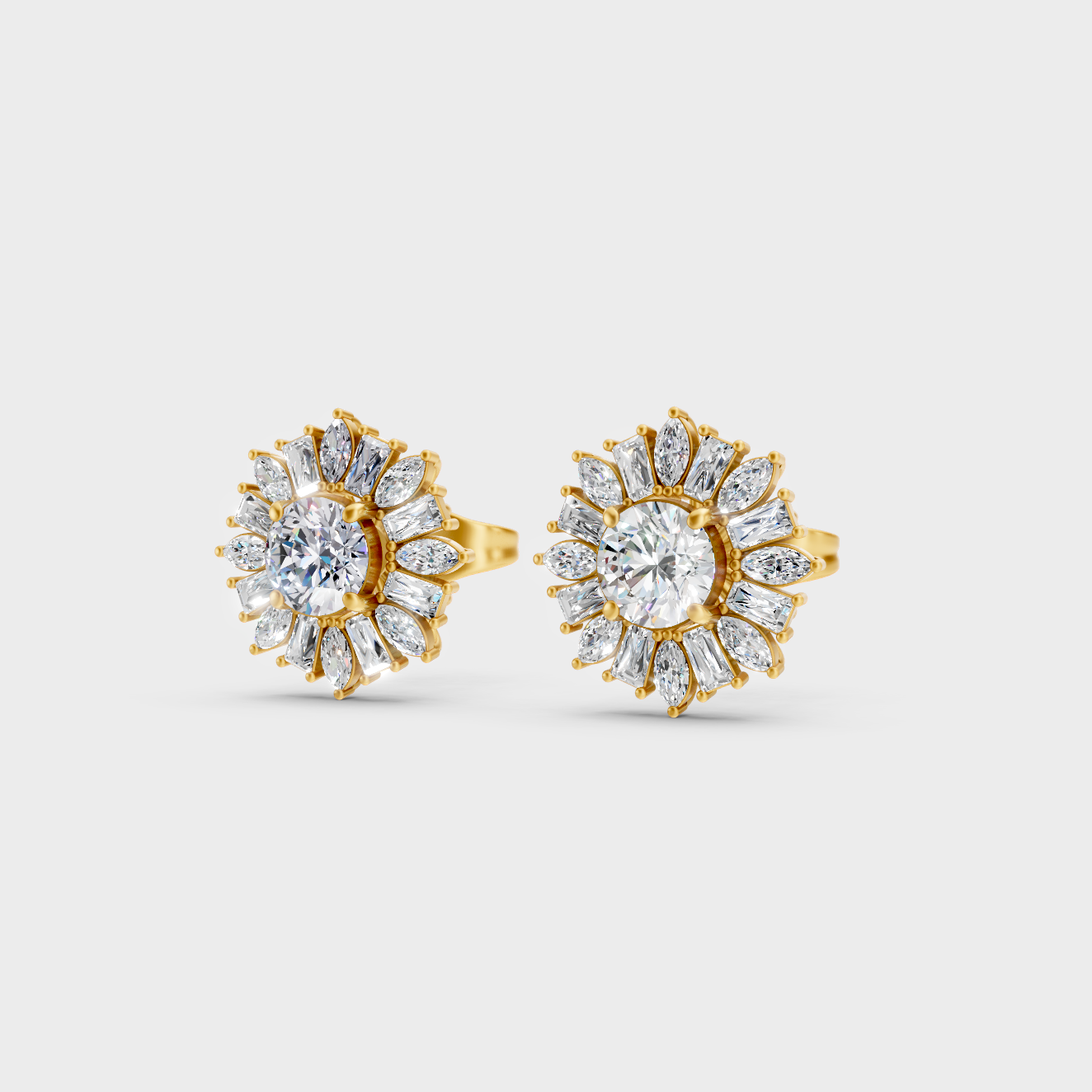 9K Yellow Gold Marquise Round And Baguette Lab-Grown Diamond Studs For Ethical Luxury