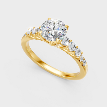 Classic 14K Yellow Gold Engagement Ring Featuring A Round Diamond With Twist Band And Halo