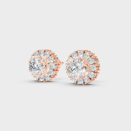  9K Rose Gold Round-Cut Lab-Grown Diamond Halo Earrings With Hallmark Quality 