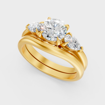 Classic 14K Yellow Gold Engagement Ring Set With Round And Pear Lab Diamonds