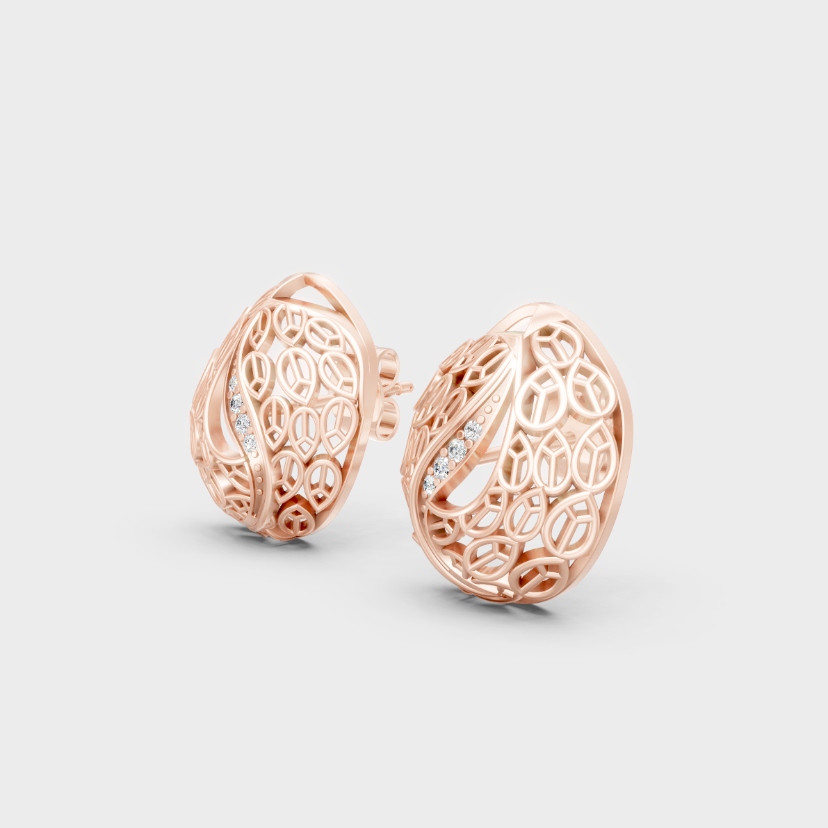 Model showcasing rose gold lab-grown diamond studs, 0.06 ct total, delicate modern look.