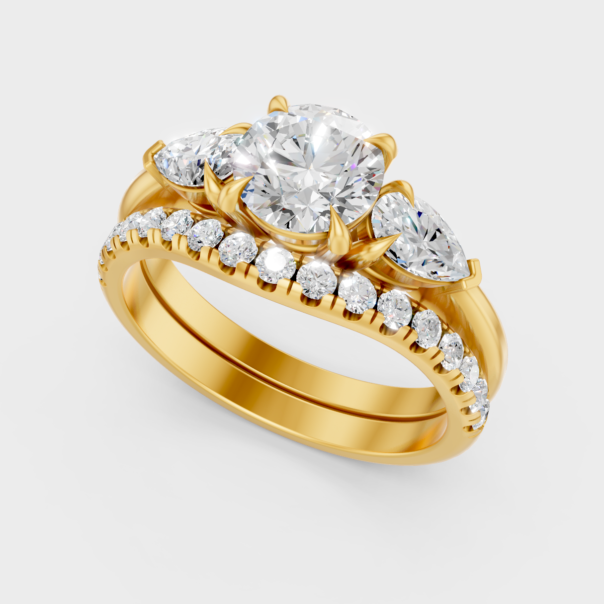 Classic 14K Yellow Gold Engagement Ring Set With Round And Pear Lab Diamonds