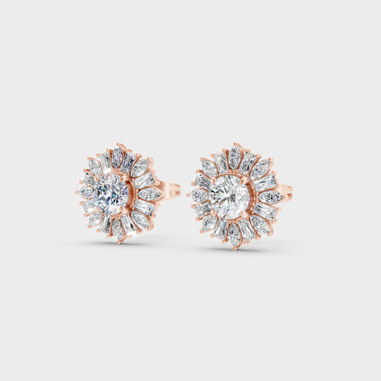 9K Rose Gold Marquise Round And Baguette Lab-Grown Diamond Earrings With Hallmark Quality
