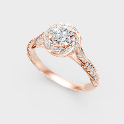 Unique Rose Gold Halo Ring Featuring An Igi Certified Round Lab Diamond Twist Band