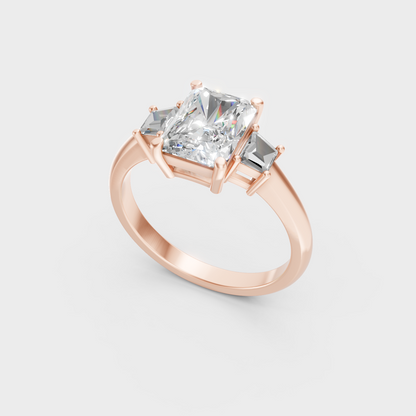 Unique Rose Gold Ring Featuring A Certified Radiant And Trapezoid Diamond