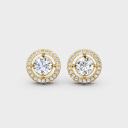 2.55 Ct Total Round Cut Lab-Grown Diamond Halo Stud Earrings 1.275 Ct Each In Yellow Gold