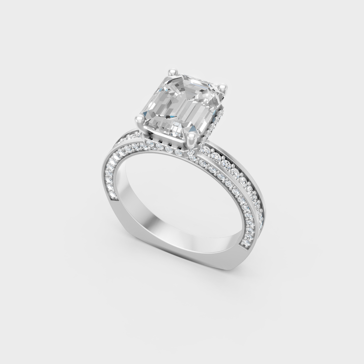 Sleek 18K White Gold Engagement Ring Featuring Emerald Diamond With Hidden Halo