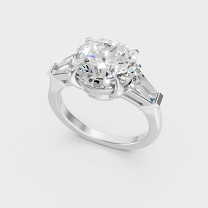 Sleek 18K White Gold Three-Stone Ring Featuring Round Lab Diamond