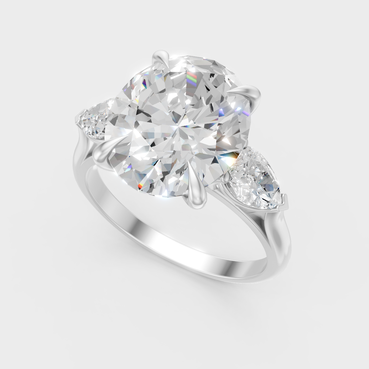 Sleek 18K White Gold Three-Stone Ring Featuring Oval Lab Diamond
