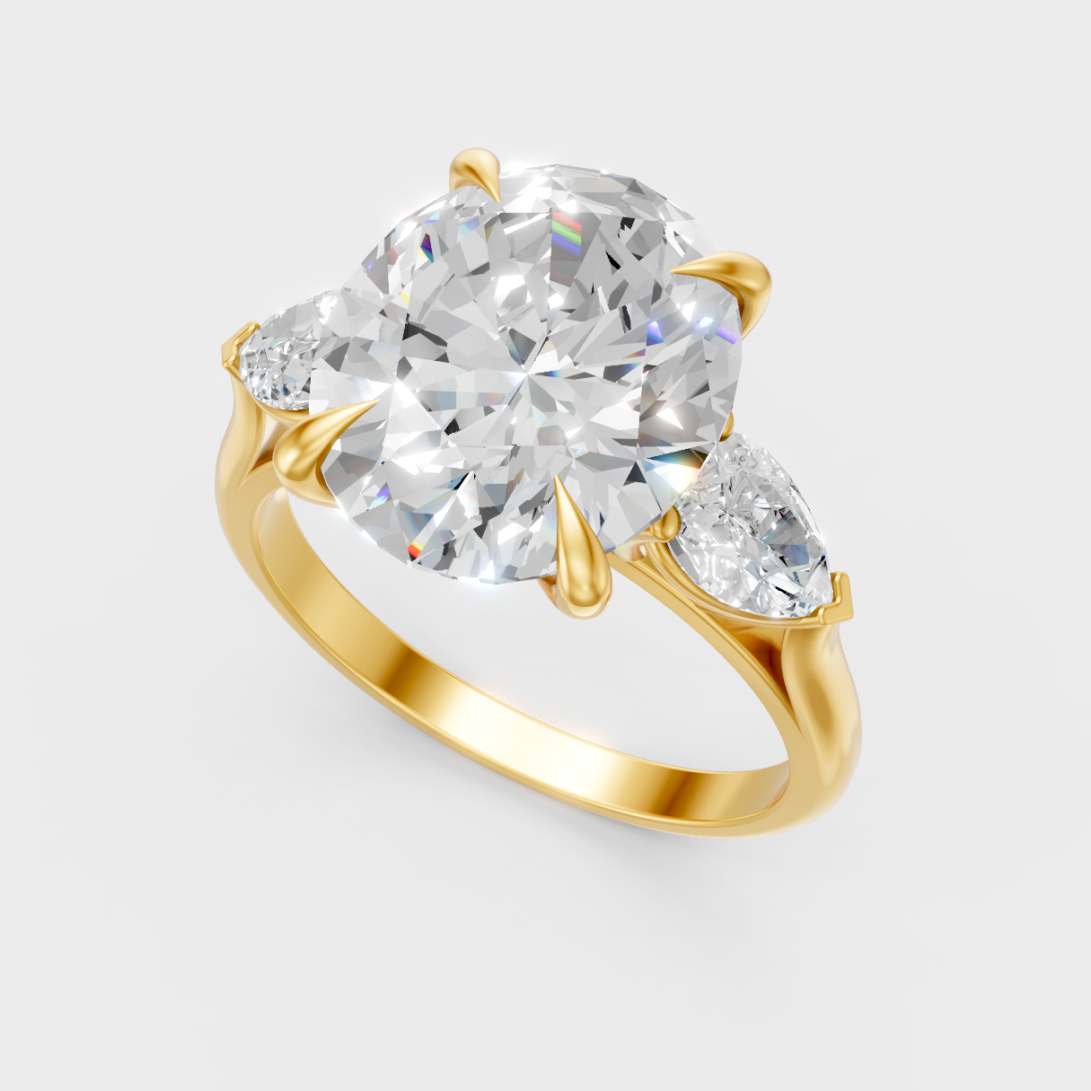 Classic 14K Yellow Gold Three-Stone Engagement Ring With Oval Center And Pear Side Diamonds