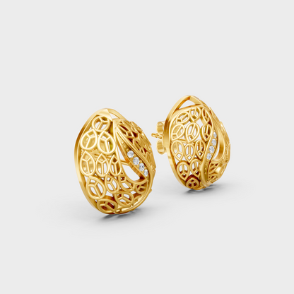 Close-up of model with 0.03 ct each round lab-grown diamond studs set in yellow gold, delicate everyday elegance.