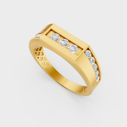  Classic 14K Yellow Gold Men’s Ring Featuring A 0.55Ct Round Lab Diamond