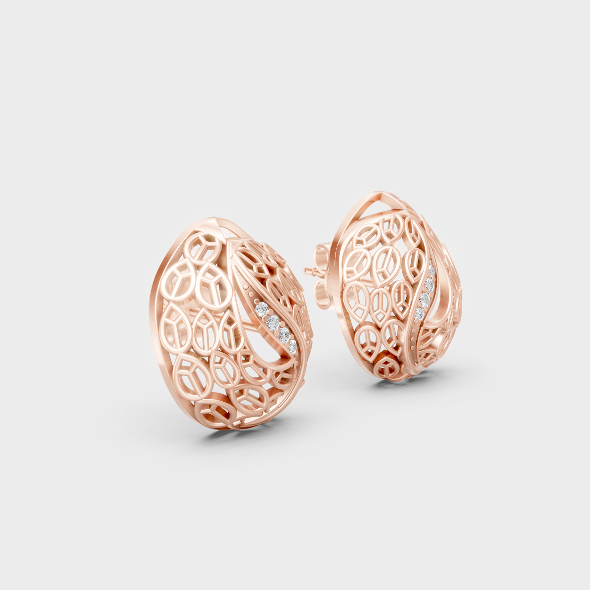 Close-up of rose gold lab-grown diamond studs on model, 0.03 ct each, warm elegant tone.
