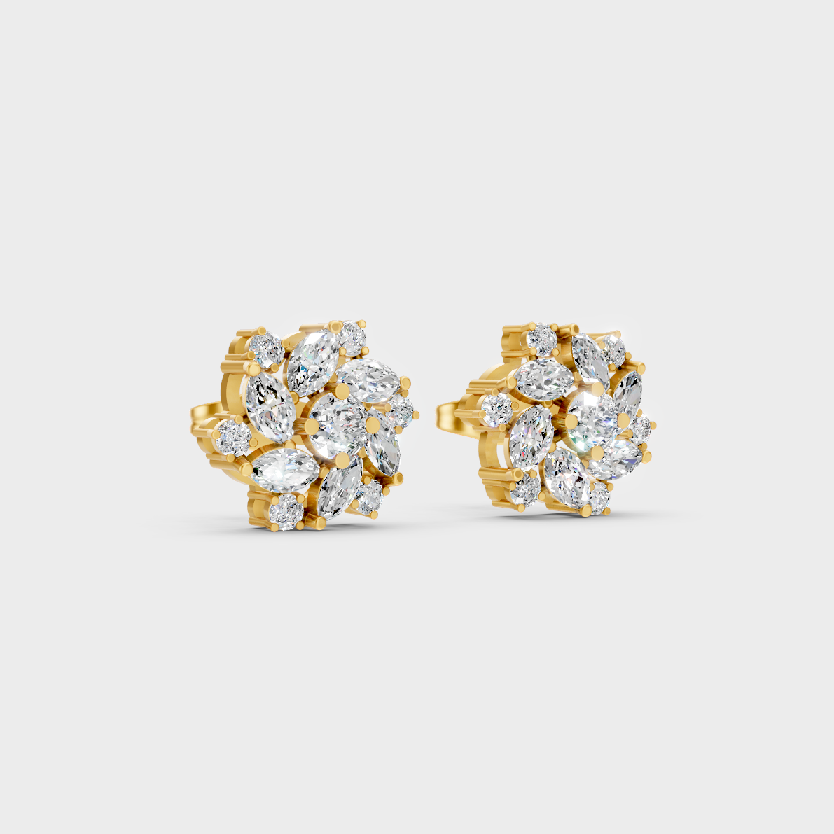  Classic 14K Yellow Gold Lab Diamond Studs Featuring 0.97 Carat Each Round And Marquise Stones