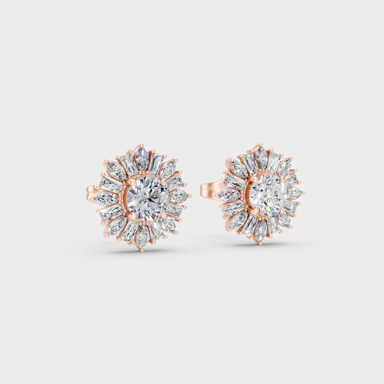 Sleek 14K Rose Gold Studs Featuring Certified 1 Carat Each Multi-Cut Lab Diamonds
