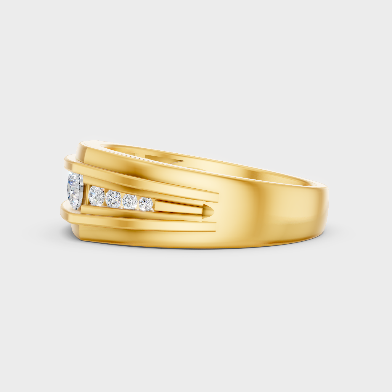 Radiant Yellow Gold Men’s Statement Band With Certified 0.59Ct Round Solitaire