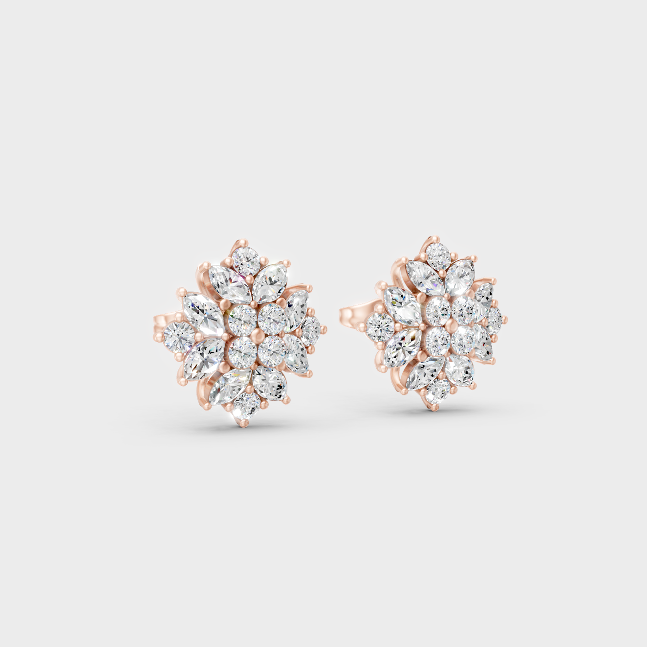 Sleek 14K Rose Gold Studs Featuring Certified 1.3 Carat Each Round And Marquise Lab Diamonds