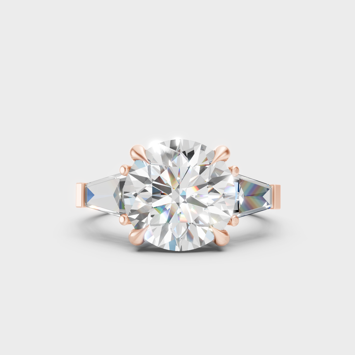 Romantic 18K Rose Gold Engagement Ring With Round And Baguette Lab Diamond