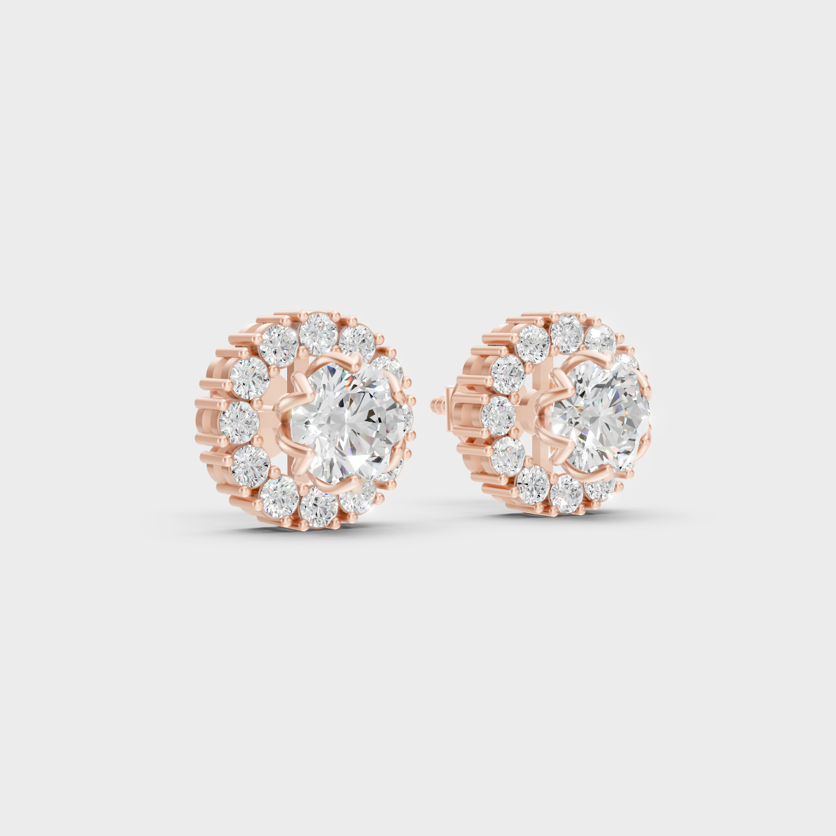 Sleek 14K Rose Gold Halo Studs Featuring Certified 1.27 Carat Each Round Lab Diamonds