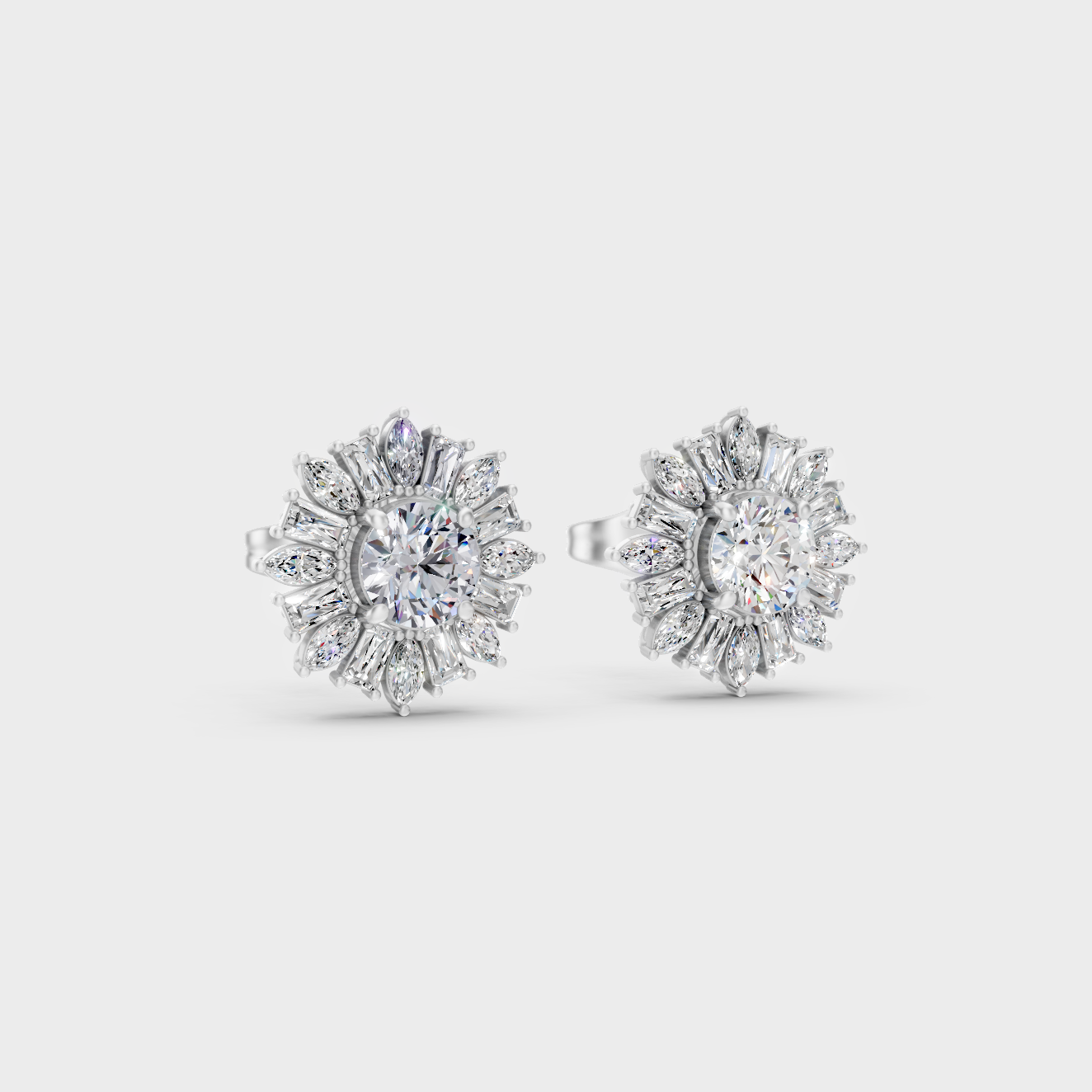 Sleek 18K White Gold Studs Featuring Marquise Round And Baguette Lab Diamonds