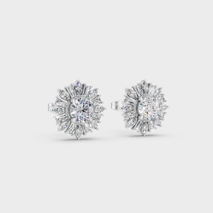 Sleek 18K White Gold Studs Featuring Marquise Round And Baguette Lab Diamonds