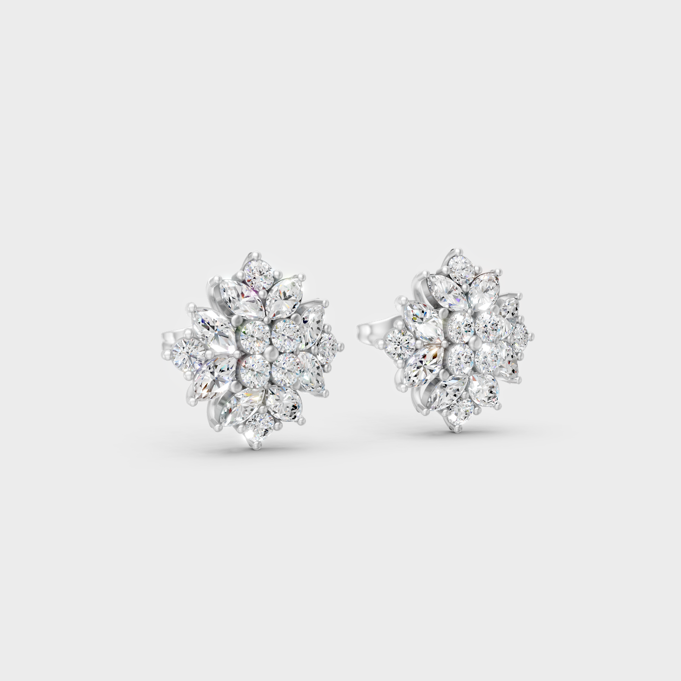 Sleek 18K White Gold Studs Featuring 1.3 Carat Each Round And Marquise Lab Diamonds