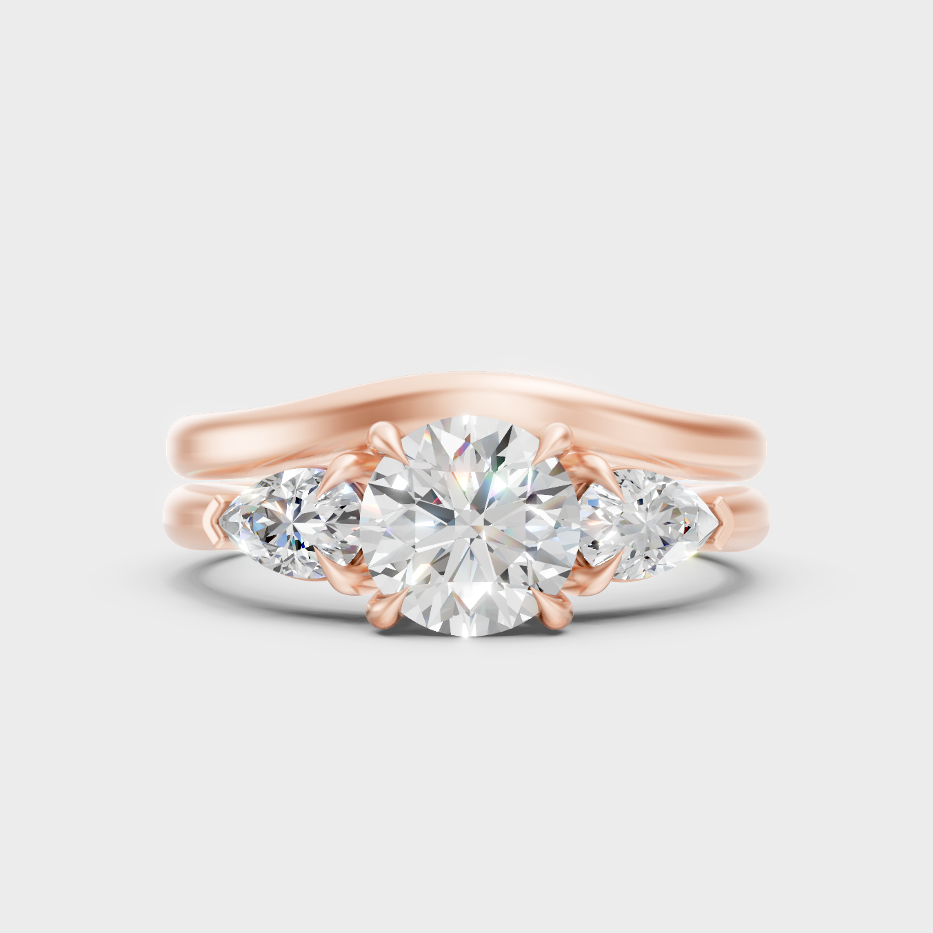 Romantic 18K Rose Gold Bridal Set With Round And Pear Lab Diamond