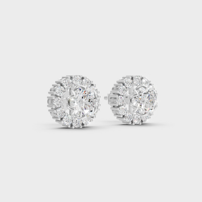 Sleek 18K White Gold Halo Studs Featuring 1.27 Carat Each Round Lab Diamonds