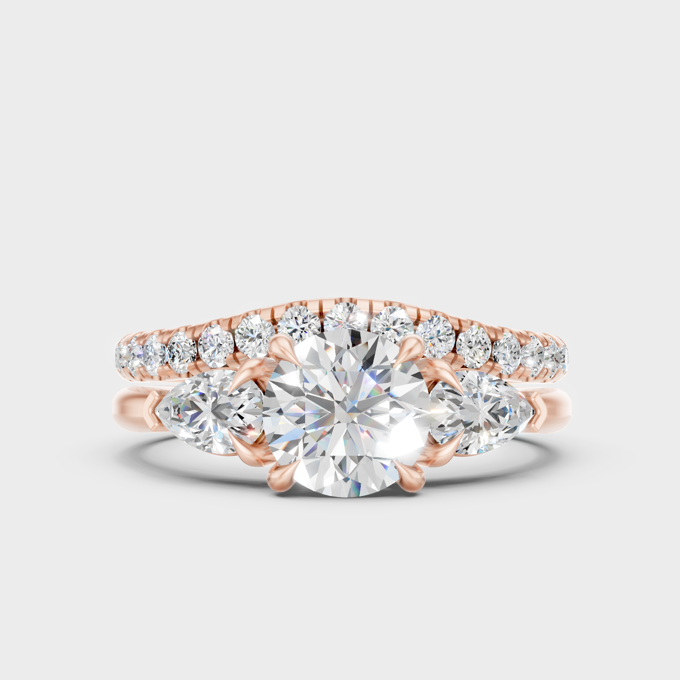 Romantic 18K Rose Gold Bridal Set With Round And Pear Lab Diamond