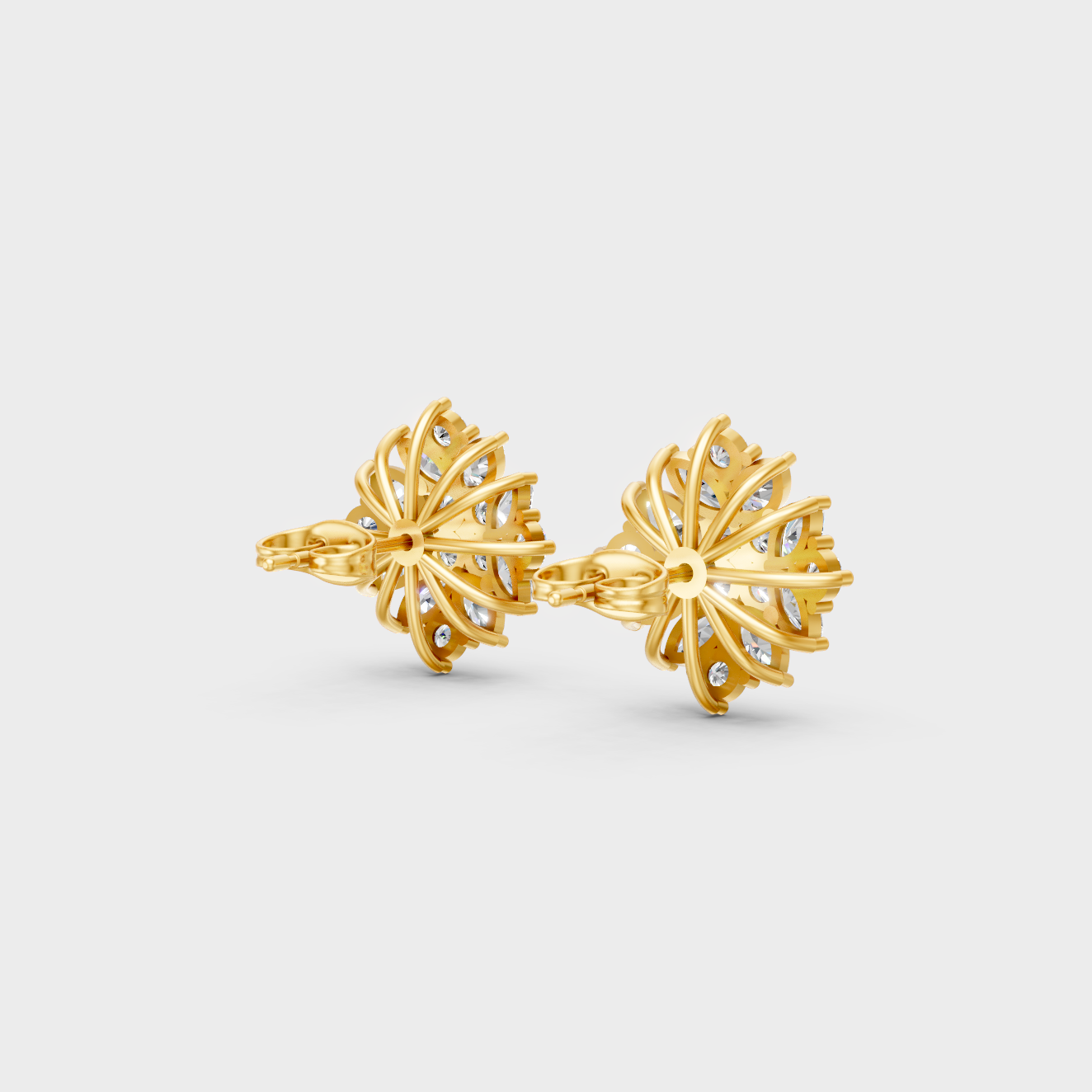 Hallmarked 18K Yellow Gold Stud Earrings With Brilliant Round And Marquise Lab Diamonds