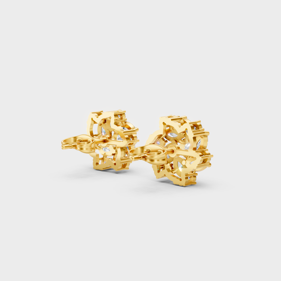 Hallmarked 18K Yellow Gold Stud Earrings With Brilliant Round And Marquise Lab Diamonds
