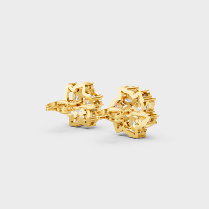 Hallmarked 18K Yellow Gold Stud Earrings With Brilliant Round And Marquise Lab Diamonds