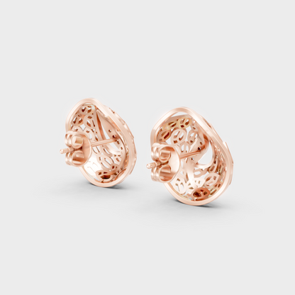 Rose gold diamond studs on model, small lab-grown stones with romantic minimal aesthetic.