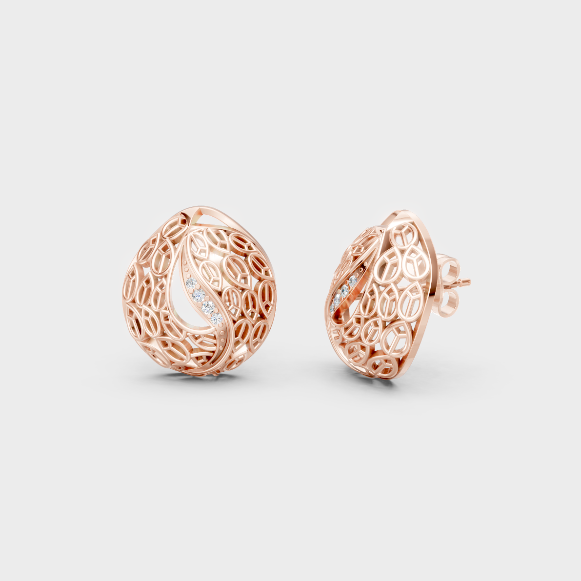 Model wearing 0.06 ct lab-grown round diamond stud earrings in rose gold, soft feminine luxury.