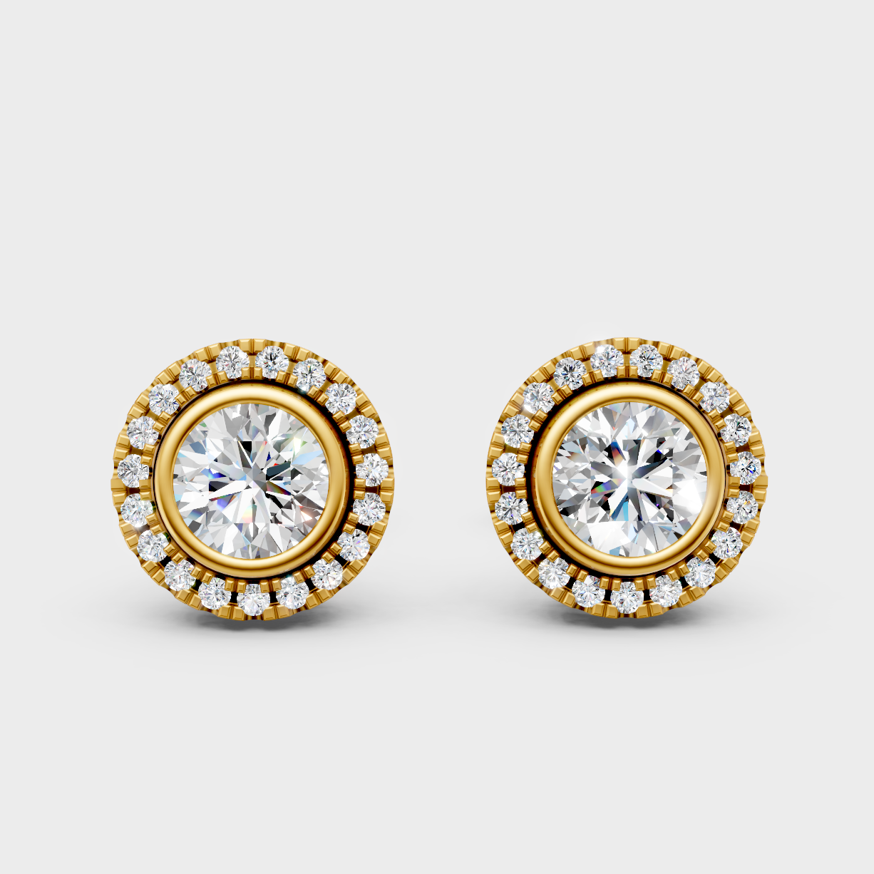 0.595 Carat Each Lab-Grown Round Halo Diamond Stud Earrings In Yellow Gold