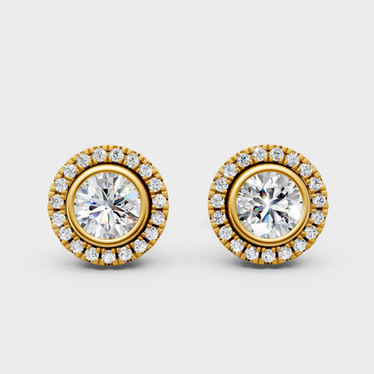 0.595 Carat Each Lab-Grown Round Halo Diamond Stud Earrings In Yellow Gold