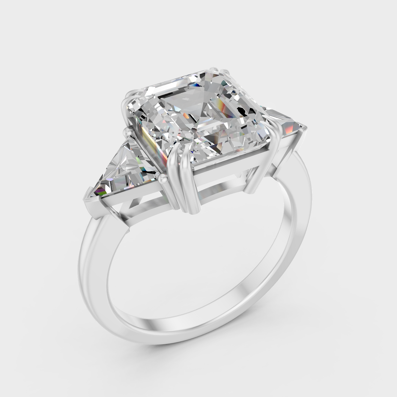 Platinum Square Emerald Cut Diamond Three Stone Ring Luxury Design