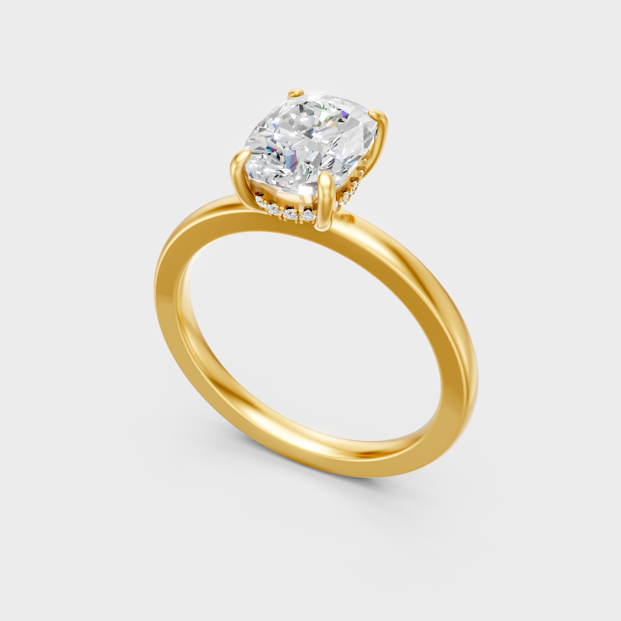 Classic 14K Yellow Gold Engagement Ring Featuring A Cushion Cut Diamond With Hidden Halo