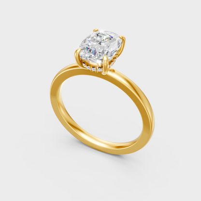 Classic 14K Yellow Gold Engagement Ring Featuring A Cushion Cut Diamond With Hidden Halo