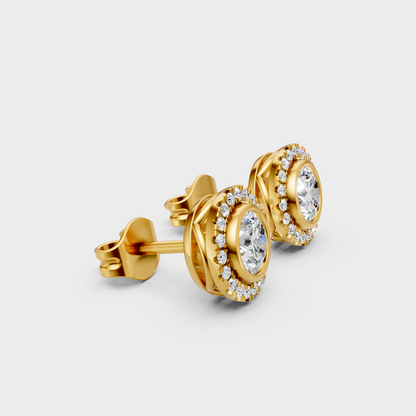 GLI Certified Round Cut Lab-Grown Diamond Halo Studs In Yellow Gold