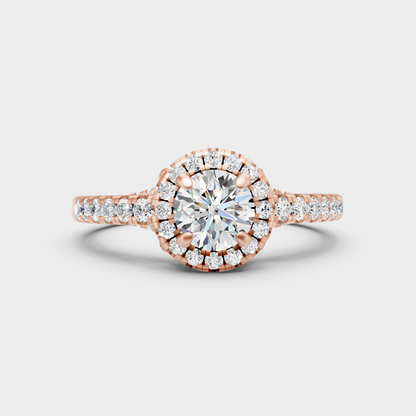 Unique Rose Gold Halo Ring Featuring An Igi Certified Round Lab Diamond