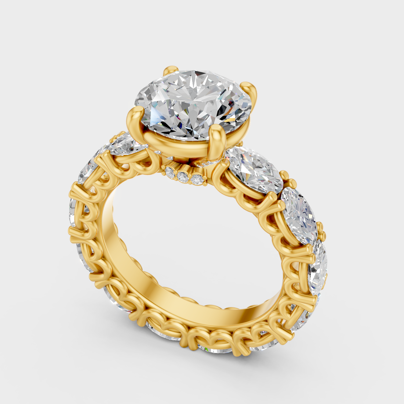 Designer Round Oval Diamond Ring In Yellow Gold
