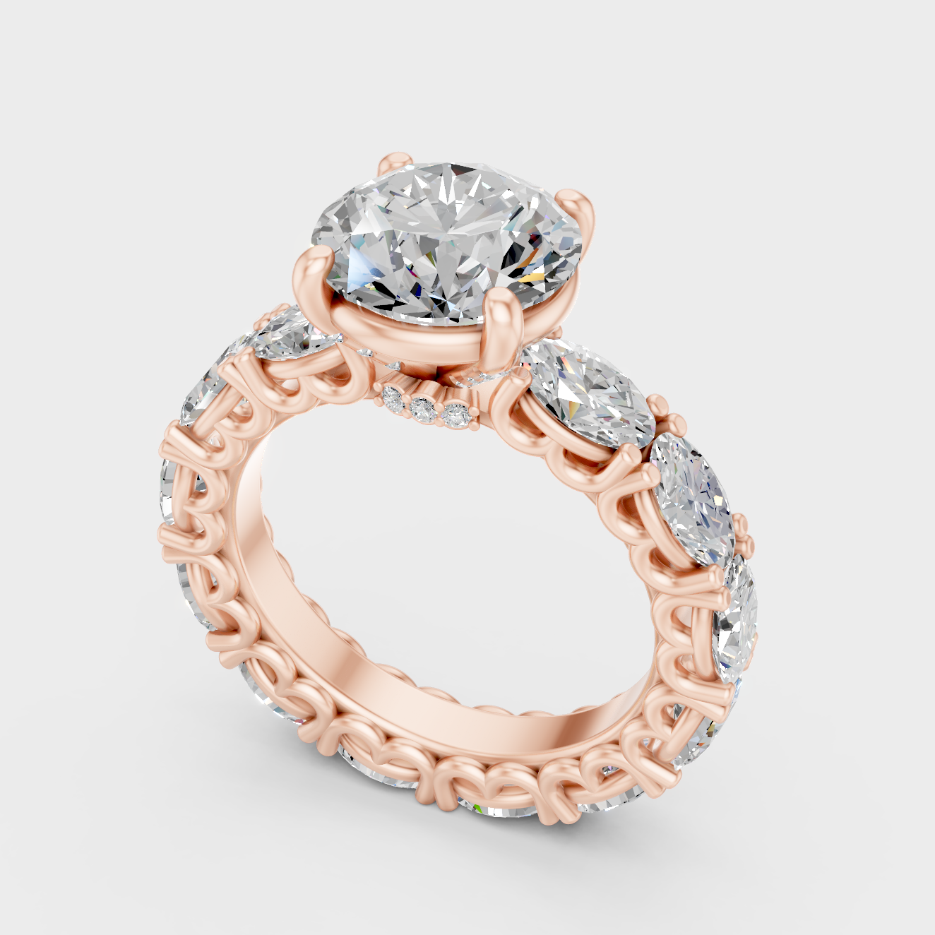 Rose Gold Round Lab Grown Diamond Ring With Oval Accent Stones