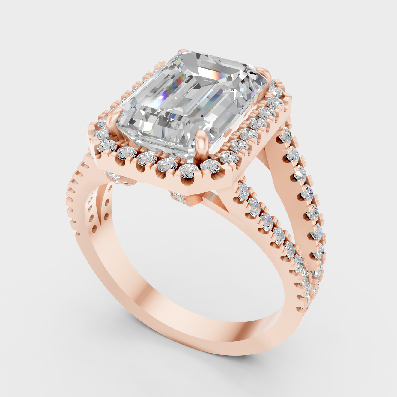 Rose Gold Emerald Lab Grown Diamond Halo Ring With Side Accent Stones
