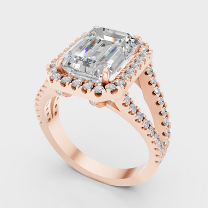Rose Gold Emerald Lab Grown Diamond Halo Ring With Side Accent Stones