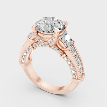 Rose Gold Round Lab Grown Diamond Ring With Princess Cut Accents