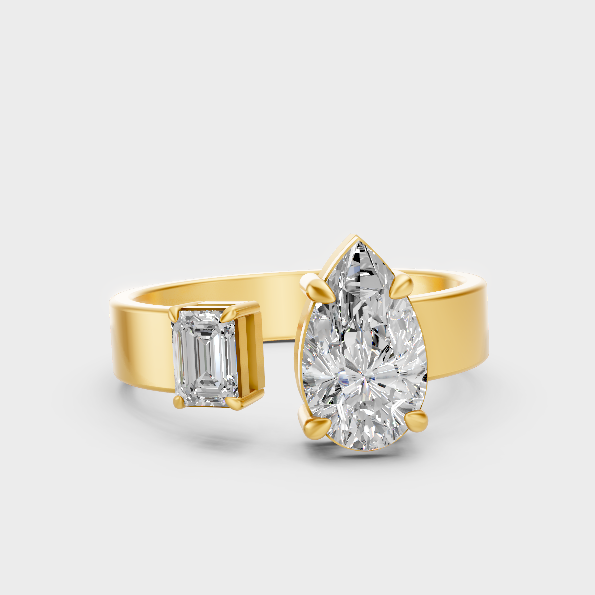 Luxury Toi Et Moi Diamond Ring In Yellow Gold With Emerald And Pear Diamonds