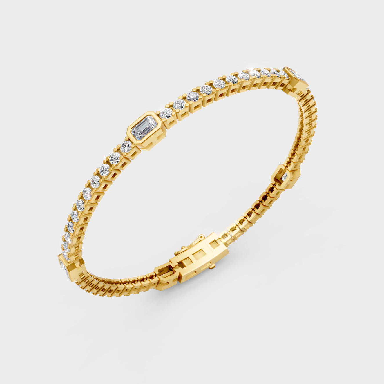 Elegant Yellow Gold Emerald And Round Diamond Tennis Bracelet 4.42 Ct Lab Created