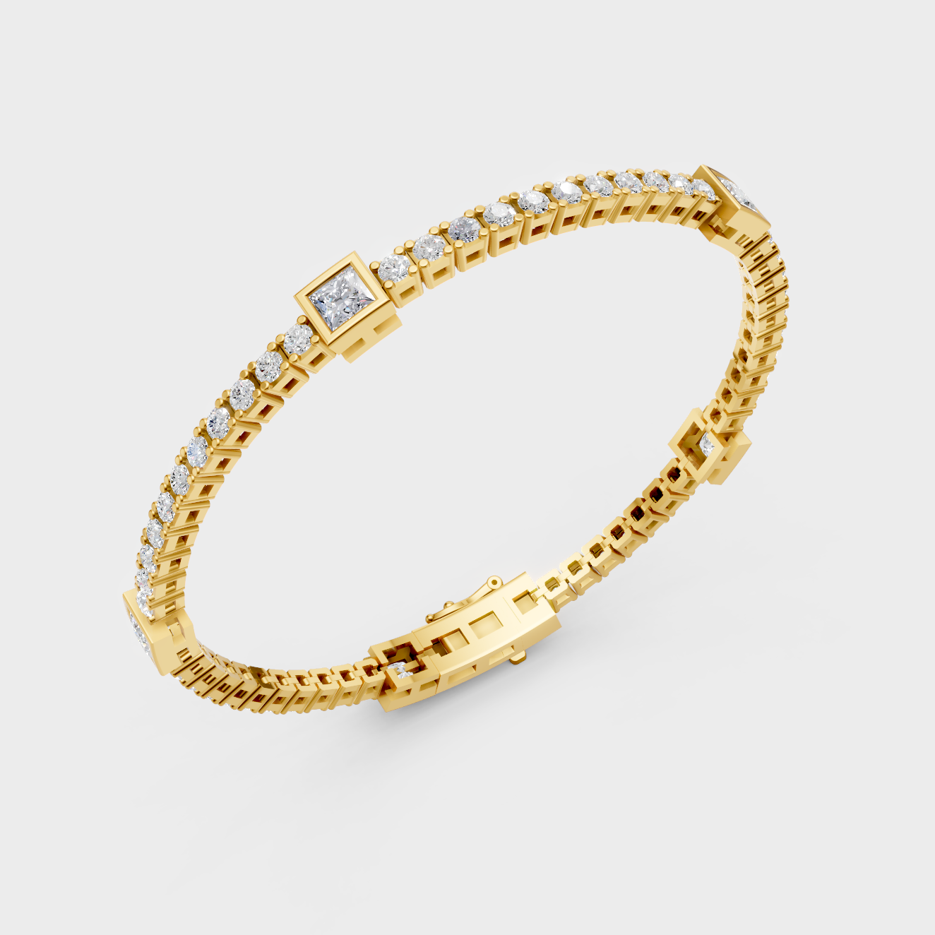 Yellow Gold Lab Grown Princess And Round Diamond Tennis Bracelet 4.42 Ct Premium