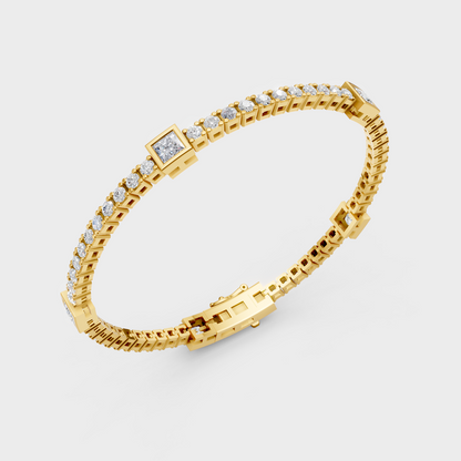 Yellow Gold Lab Grown Princess And Round Diamond Tennis Bracelet 4.42 Ct Premium